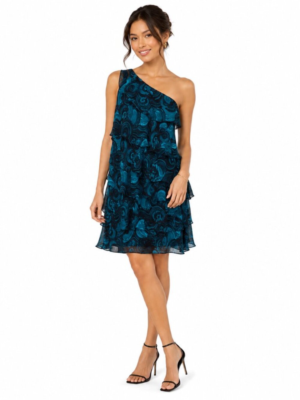 Michael Kors Malachite Dress Womens L Blue‎ One Shoulder Ruffle Tiered NWT